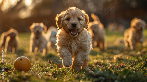 Puppies romp on lush green grass with ball tails
