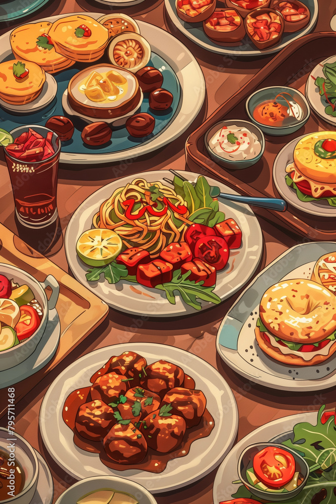 An AI-generated vector art presenting an eclectic array of global cuisine, ideal for culinary tour visuals and food lovers