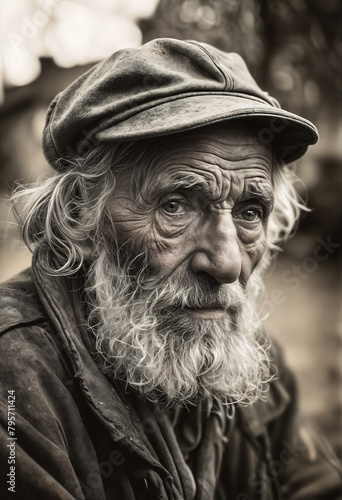 Sad homeless old man. Generative AI