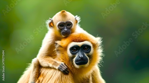 Gentle moment of a mother and baby gibbon in the wild. Tender and loving relationship captured. Nature's beauty in animal bonding. Perfect image for wildlife enthusiasts. AI