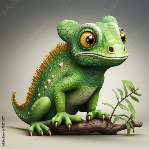 Watercolor Green colored chameleon close up, clipart Illustration, Generative Ai © SantoshArt