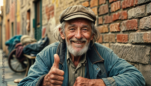 Happy homeless old man gesturing good. Generative AI