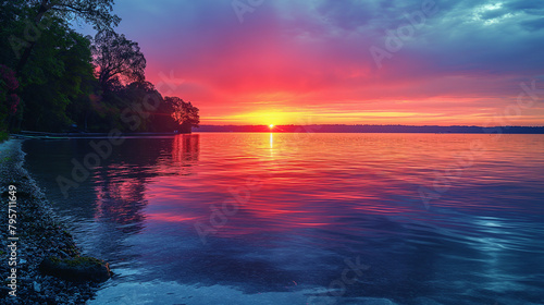 10. Sunset Serenity: A tranquil lakeshore is bathed in the warm glow of the setting sun, casting a mesmerizing palette of colors across the sky as day transitions to night, and nat