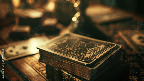 A close-up shot showcasing a book placed on a wooden table photo