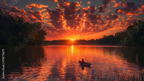 10. Sunset Serenity: A tranquil lakeshore is bathed in the warm glow of the setting sun, casting a mesmerizing palette of colors across the sky as day transitions to night, and nat