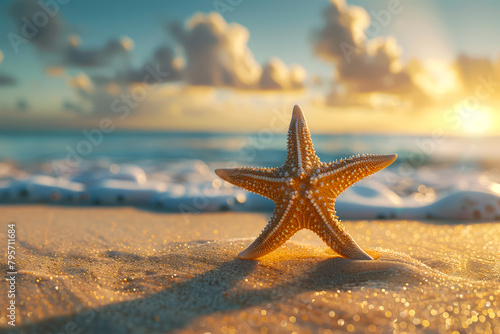Starfish on the beach, Summer vacation theme concept with warm cinematic background