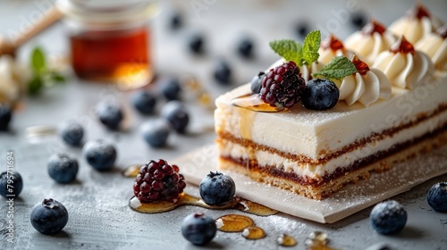   A cake sits atop a table, its surface unmarred, surrounded by blueberries and raspberries Nearby, a jar of honey waits