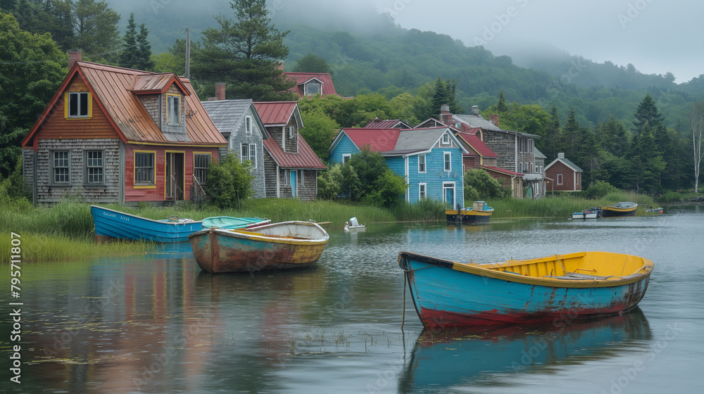 11. Seaside Retreat: Rustic cottages line a picturesque coastal village, their weathered facades framed by colorful fishing boats bobbing gently in the harbor, as locals and visito