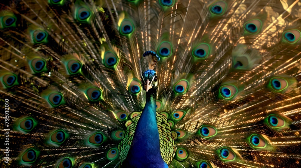 Fototapeta premium Magnificent Peacock Displaying Vibrant Tail Feathers. Captivating Wildlife Scene with a Colorful Bird. Perfect for Background or Nature Themes. AI