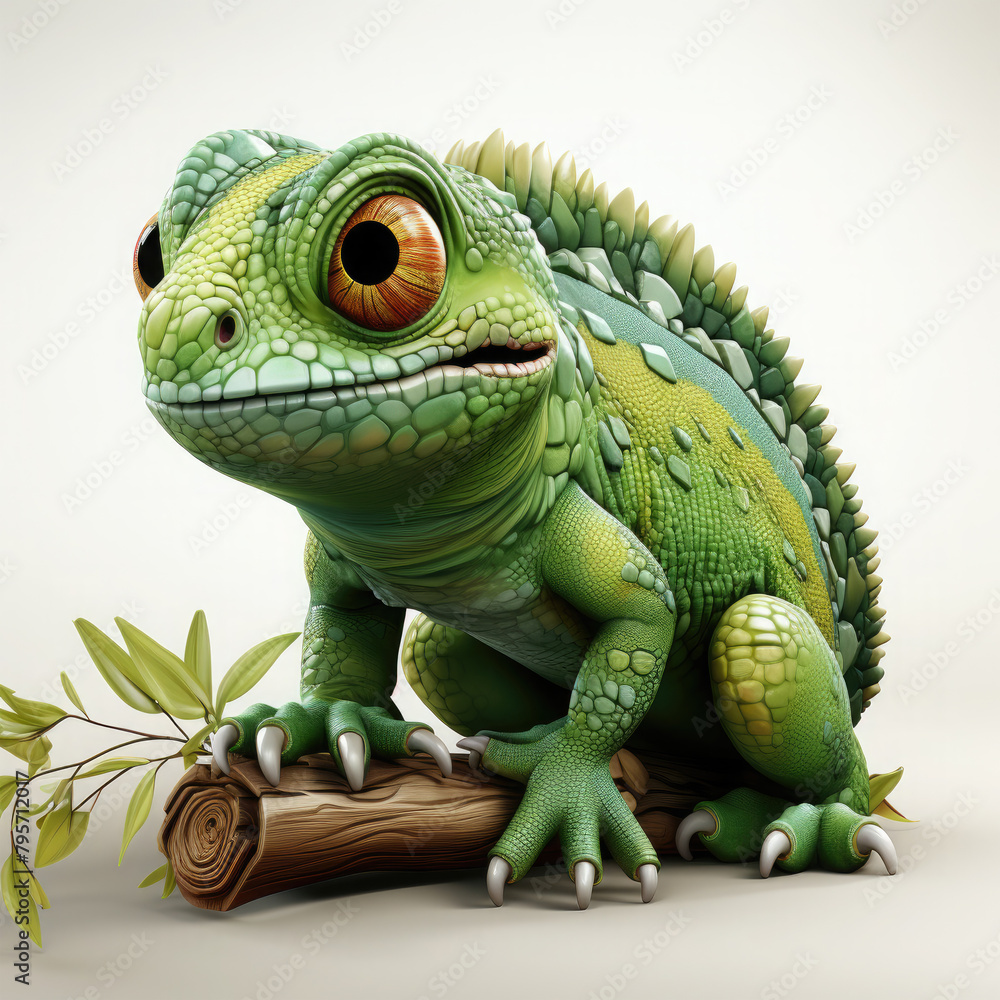 Obraz premium Watercolor Green colored chameleon close up, clipart Illustration, Generative Ai