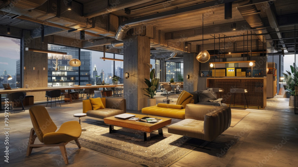 A spacious living room with assorted furniture pieces including a sofa, coffee table, and armchair arranged around a large window A spacious living room with assorted furniture pieces including a sofa, coffee table, and armchair arranged around a large window