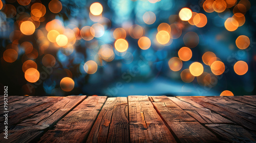 Vibrant wooden table with blurry bookeh background lights for Product Advertisement