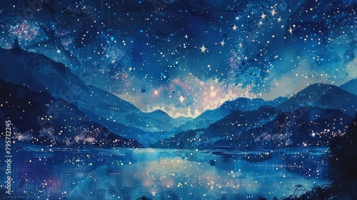 The night sky unveils a spectacle of twinkling stars, each a dot of light on the deep indigo backdrop, kawaii, bright water color photo