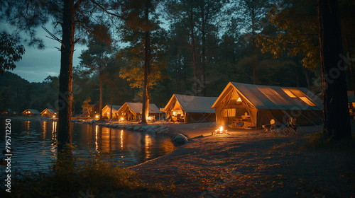 16. Summer Camp: A rustic campsite nestled amidst towering trees is alive with the laughter and excitement of children embarking on a summer adventure, where days are filled with o