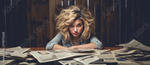 Woman with newspapers on wooden background.