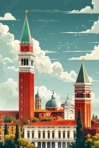 Stylized vector illustration of iconic Venetian towers and domes against a cloud-filled sky, capturing the city's essence, AI Generated.