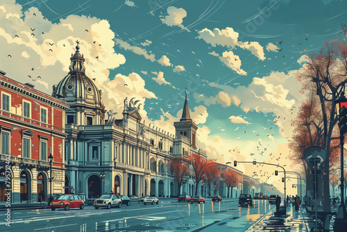 A nostalgic vector illustration depicting a vintage Roman streetscape, with classic architecture and a vibrant sky, evoking the spirit of discovery - AI Generated.