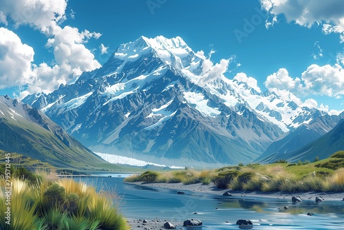 A vector portrayal of snow-capped peaks beside a calm New Zealand lakeside, with lush foliage. AI Generated photo