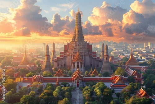This AI-generated vector illustration captures the iconic Thai temple at sunset with a dramatic sky. AI Generated. photo