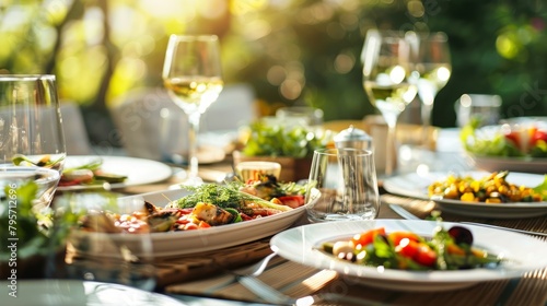 Gourmet dishes served at an outdoor dining event. Fine dining experience in a natural setting. Outdoor restaurant or cafe. Concept of al fresco dining, catering, elegant events, garden parties