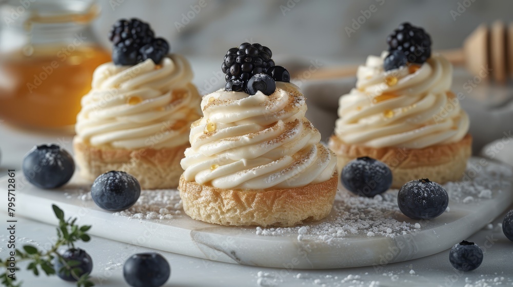 A white plate holds three cupcakes, each adorned with frosting and garnished with blueberries and blackberries A white plate holds three cupcakes, each adorned with frosting and garnished with blueberries and blackberries