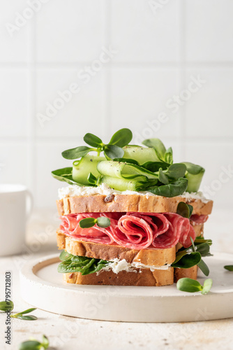 Big tasty sandwich with salami, soft cheese, ququmber, spinach and micro greens on white kitchen background with text space