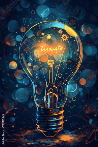 Vivid lightbulb with 'Innovate' inscription, encircled by gears and bubbles in a mesmerizing vector style, AI Generated