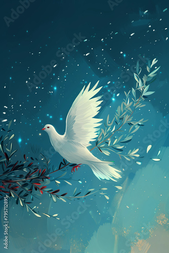 A dove glides through a starry night, an olive branch in tow, in this peaceful, AI-generated vector illustration.