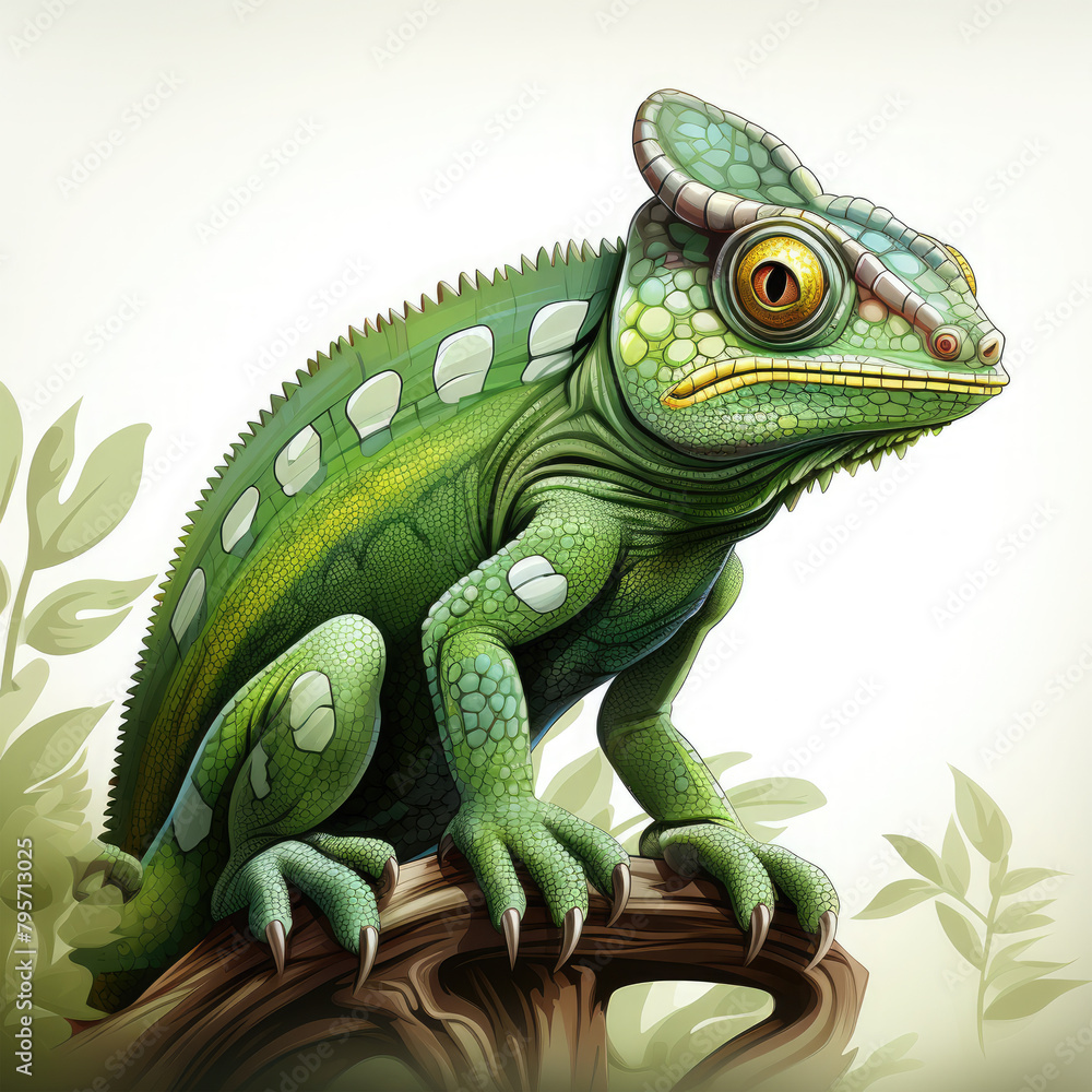 Fototapeta premium Watercolor Green colored chameleon close up, clipart Illustration, Generative Ai