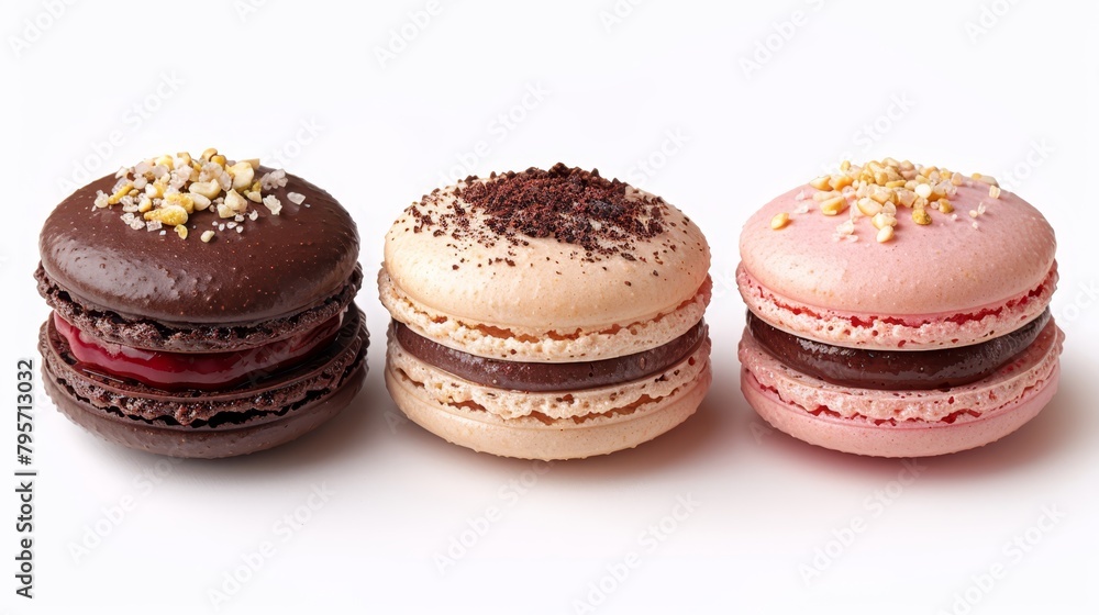 Fototapeta premium Three macaroons arranged in a row atop a white table