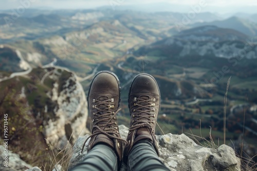 A person is sitting on a rock with their feet up, looking out over a beautiful mountain landscape