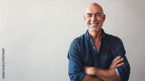 Waist up portrait of mature bald man smiling at camera while standing confidently with arms crossed. A smiling fit mature man photo