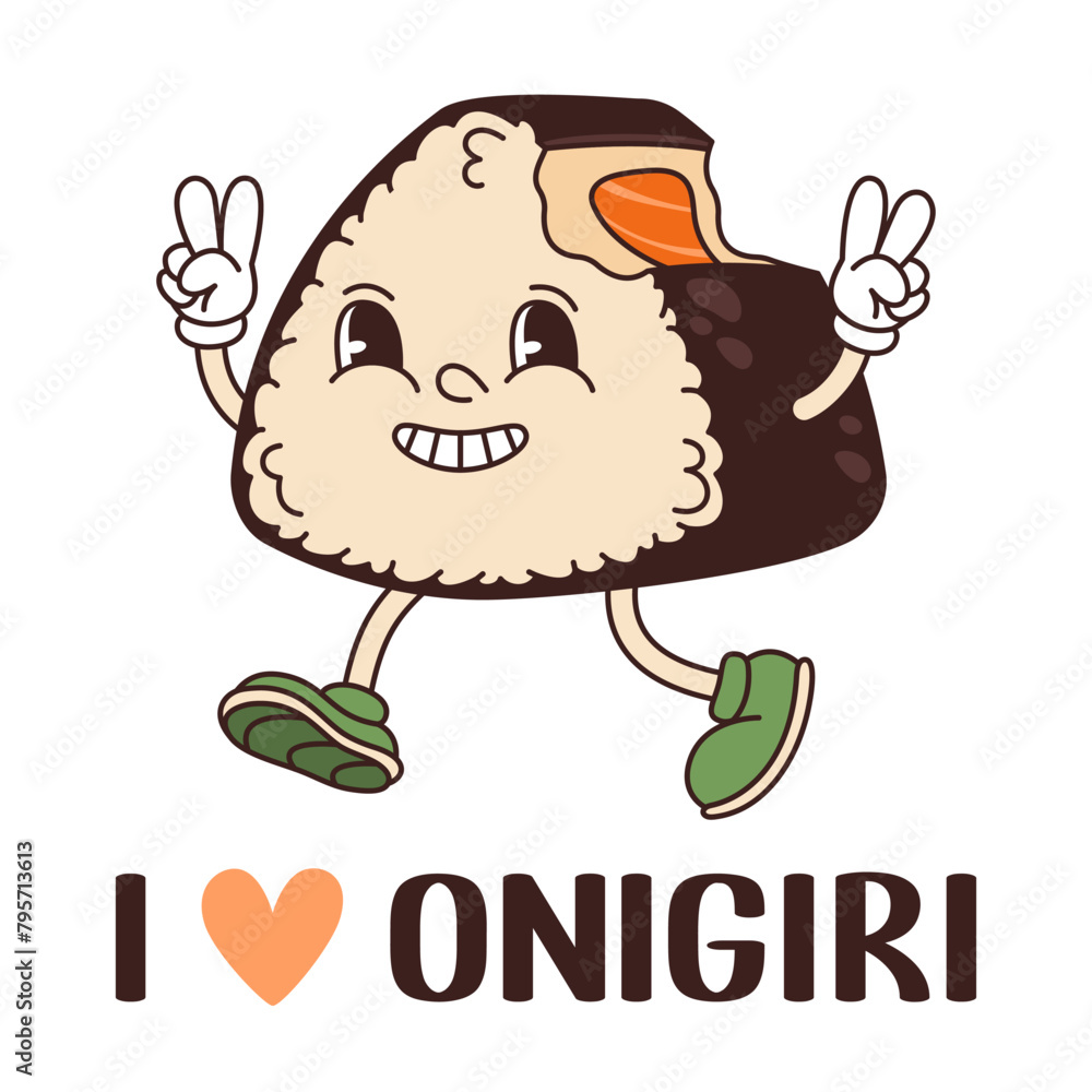 I love onigiri poster. Japanese food event. Retro groovy triangle of rice smiling. Vector flat illustration. I love onigiri poster. Japanese food event. Retro groovy triangle of rice smiling. Vector flat illustration.
