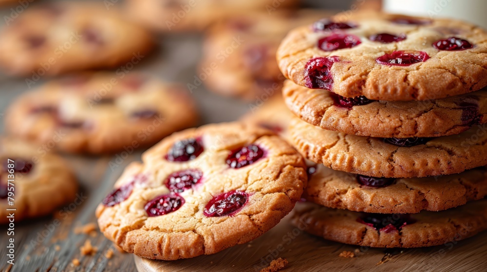 A wooden cutting board holds a stack of cookies, accompanied by a cup of milk atop the table A wooden cutting board holds a stack of cookies, accompanied by a cup of milk atop the table