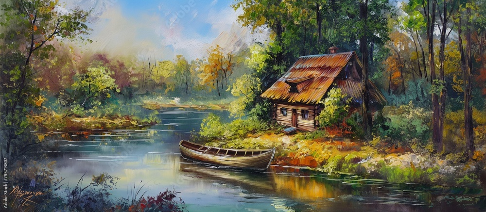 Landscape, oil painting on canvas. Ukraine, a house in the forest, a boat and a river. Natural landscape. Hut in the forest picture by oil.