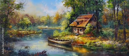 Landscape, oil painting on canvas. Ukraine, a house in the forest, a boat and a river. Natural landscape. Hut in the forest picture by oil.