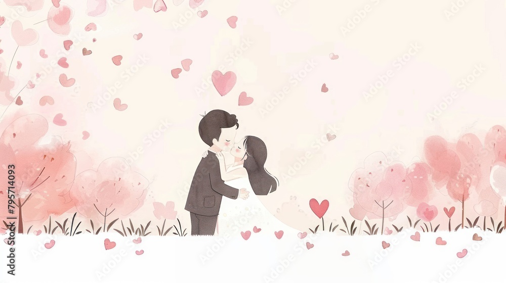 A couple standing in a field surrounded by pink trees. They hold hands and have a few red hearts floating around them. The background is light pink. A couple standing in a field surrounded by pink trees. They hold hands and have a few red hearts floating around them. The background is light pink.