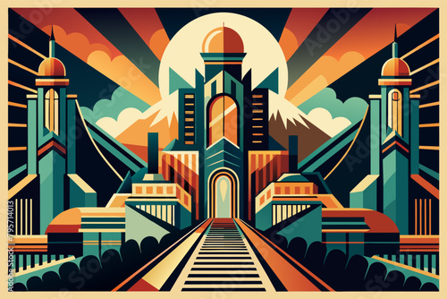 Art deco-style illustration of a futuristic city with symmetrical buildings, sunburst pattern, and mountains in the background.