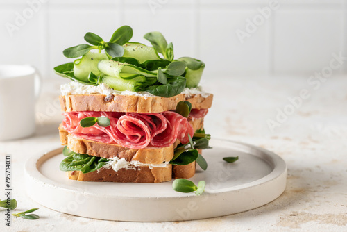 Big tasty sandwich with salami, soft cheese, ququmber, spinach and micro greens on white kitchen background with text space