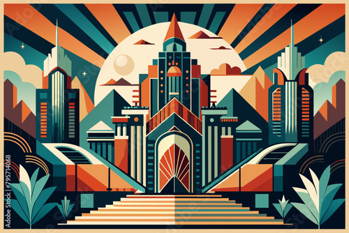 Art Deco style illustration of a cityscape with a central building featuring a large archway and steps, surrounded by skyscrapers, plants, and a rising sun in the background.