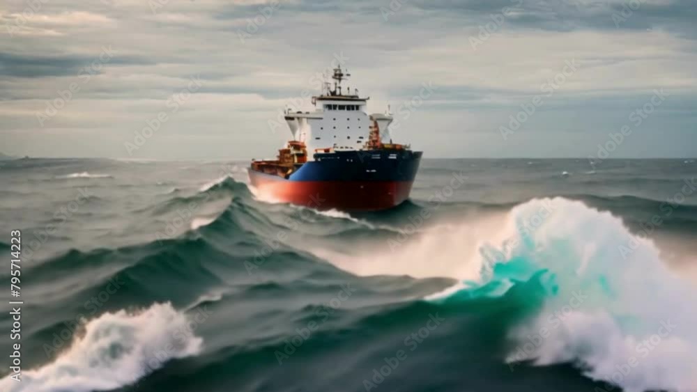 Large Cargo Container Ship Sailing on Open Ocean Under Cloudy Sky Large Cargo Container Ship Sailing on Open Ocean Under Cloudy Sky