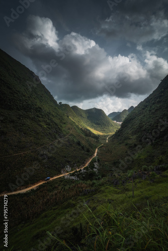 view of a road through the mountains in Vietnam, Ha Giang province