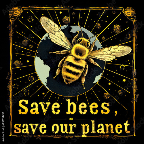 Save Bees sticker Design with Text in black and yellow colors