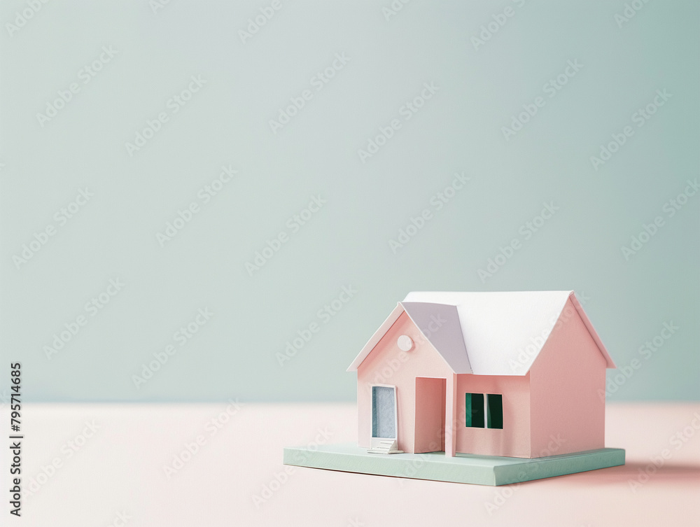 A simple pastel paper model home on a clean white background, illustrating the beauty of architectural minimalism A simple pastel paper model home on a clean white background, illustrating the beauty of architectural minimalism