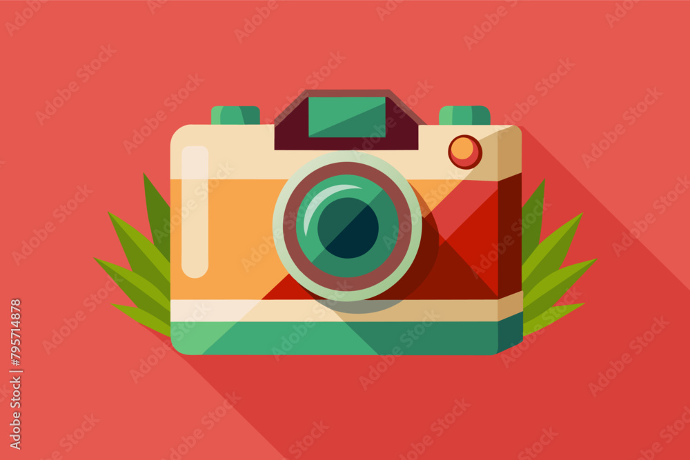 Colorful flat design illustration of a vintage camera with tropical leaves on pink background.