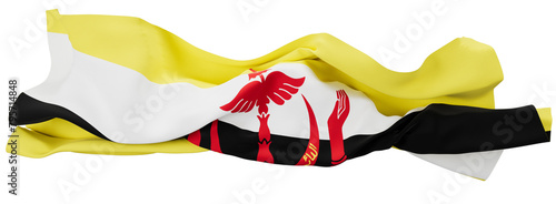 Elegantly Waving Flag of Brunei with Bold Yellow, White, and Black Stripes and Emblem photo
