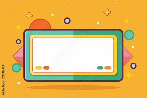 Illustration of a colorful, stylized retro video game console with blank screen, geometric shapes, and decorative elements on an orange background.
