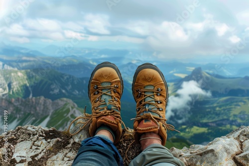 A person is sitting on a mountain top with their feet up. The person is wearing brown shoes. The scene is peaceful and serene, with the mountains in the background © Nico