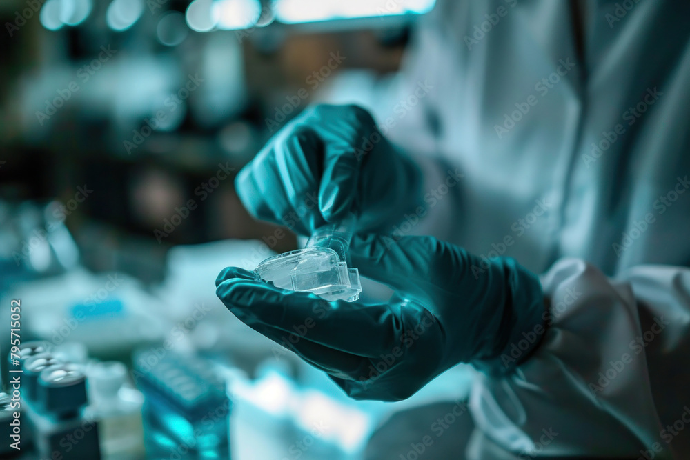 Scientist holding small plastic piece in laboratory setting, examining material for research and analysis Scientist holding small plastic piece in laboratory setting, examining material for research and analysis