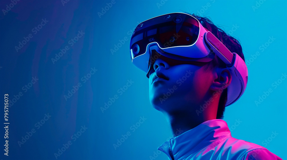 Young asian man looking in VR virtual reality goggles on the blue isolated background. Futuristic lifestyle. Theme of technology, AI, fantasy and playing people. Metaverse technology concept. Young asian man looking in VR virtual reality goggles on the blue isolated background. Futuristic lifestyle. Theme of technology, AI, fantasy and playing people. Metaverse technology concept.